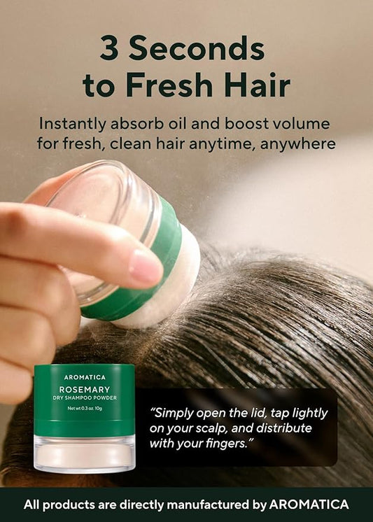 AROMATICA Rosemary Dry Shampoo Powder - Travel Size Dry Shampoo with Panthenol and Biotin for Hair | Volumizing, Non Aerosol & Talc Free, Korean hair care, dry shampoo for women (10g/0.3oz)