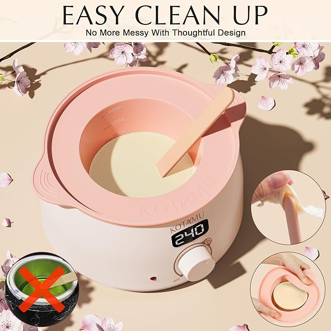 KOTAMU Waxing Kit for Women & Men, Wax Warmer for Hair Removal, Digital Wax Kit with Silicone Pot，Ideal for Face Eyebrow Arm Legs Armpit &Sensitive Skin, Pink Waxing Machine for Home Salon Use