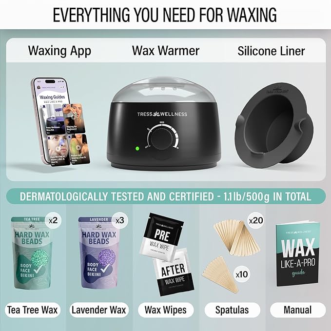 Tress Wellness Waxing Kit for Sensitive Skin – Safe for Face & Skin, Prep & Aftercare Wipes, Easy to Use – At-Home Kit for Face, Bikini, Brazilian & Full Body - Black, No Display