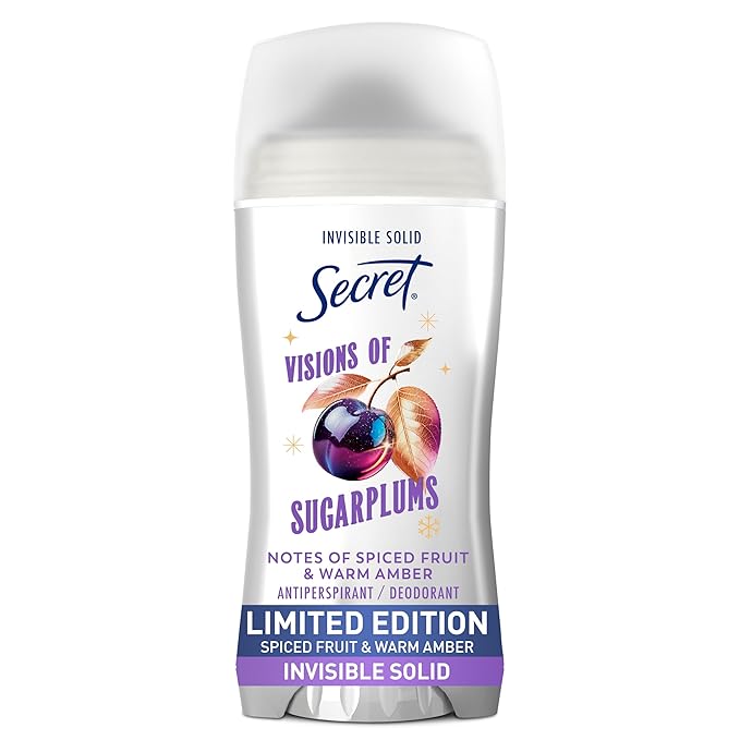 Secret Fresh Antiperspirant Deodorant for Women, 72hr Breathable Odor Protection with Pro-Hyaluronic Acid, Holiday Invisible Solid, Visions of Sugarplums with Spiced Fruit & Warm Amber Scent, 2.6 oz