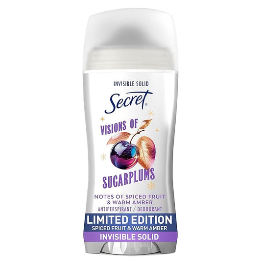 Secret Fresh Antiperspirant Deodorant for Women, 72hr Breathable Odor Protection with Pro-Hyaluronic Acid, Holiday Invisible Solid, Visions of Sugarplums with Spiced Fruit & Warm Amber Scent, 2.6 oz