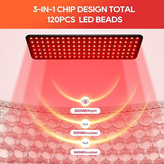 Red Light Therapy for Body and Face, 120 LED 660nm 850nm 940nm Infrared Redlight-Therapy Lamp Device with Glasses，Large Panel and Stable Stand at Home, Idea Gift for Women Mom