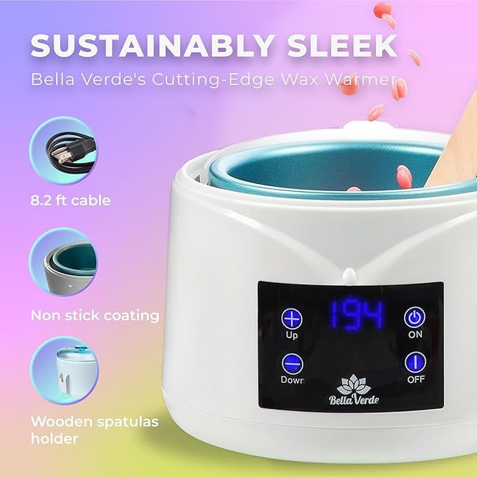 Bella Verde Waxing Kit for Women & Men -Digital Wax Warmer with Hard Beads, Pre & Post Spray, Hot Wax Pot Machine for Face, Eyebrows, Body, Legs, Bikini - At-Home Hair Removal for Sensitive Skin