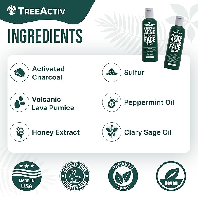 TreeActiv Acne Charcoal Face Wash, 3.4oz, Daily Face Wash with Sulfur and Honey, Charcoal Face Cleanser, Mens Face Wash for Acne, Deep Cleansing Charcoal Face Wash for Women and Men, 400+ Uses, 2-Pack