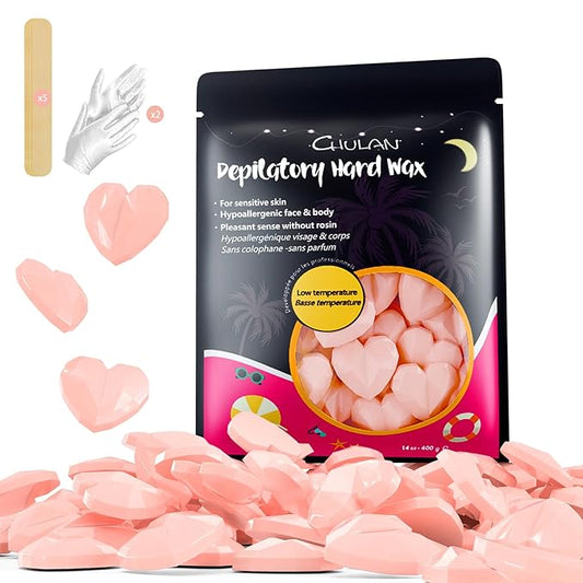 Chulan Waxing Beads, 400g Hypoallergenic Unscented Hard Wax Beads for Sensitive Skin Hair Removal, Waxing Bead for Coarse, Brazilian Waxing, Facial, Bikini, Legs, Armpits Women Men Home Pink