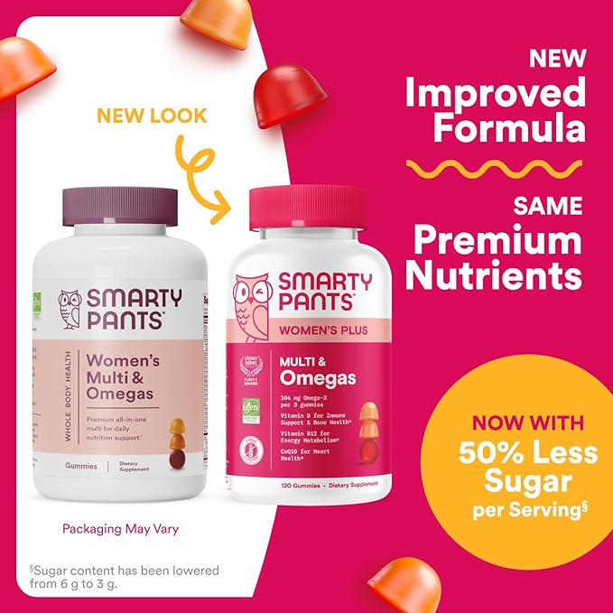SmartyPants Women's Multivitamin Gummies - Improved Formula: Omega 3 (DHA/EPA), Methylfolate, CoQ10, Vitamin D3, C, Vitamin B12, B6, A, K & Zinc, Inositol, Gluten Free, 120 Count (40 Day Supply)