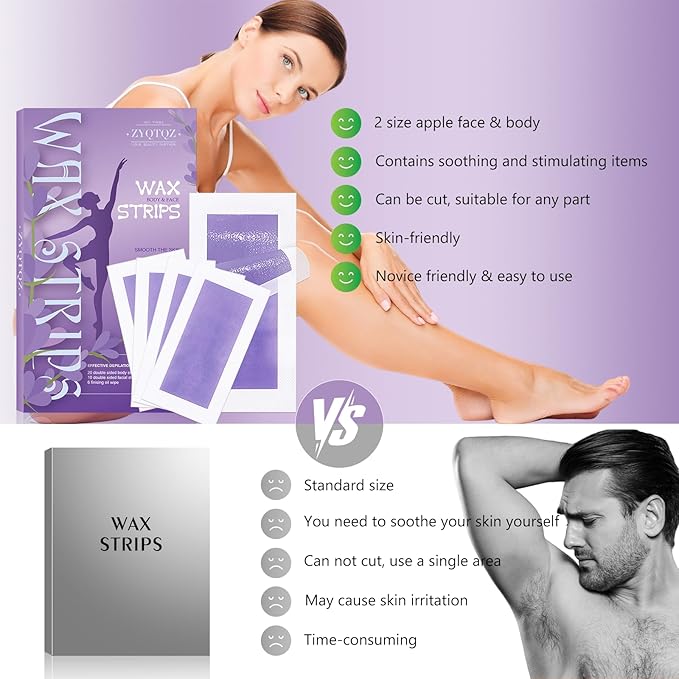Wax Strips for Hair Removal - 60 Count (40 Body + 20 Face Strips) with 10 Soothing Oil Wipes, At-Home Waxing Kit for Women & Men - Legs, Bikini, Underarms, Face (60 PCS, Lavender)