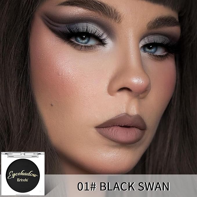 Erinde Black Single Eye Shadow, Matte Single Eyeshadow Pressed Powder Eyeshadow Makeup, Matte Shade Eyelid Color Eye Makeup for Women, High Pigment, Long Wear, Waterproof, Intense Color, 01 Black Swan