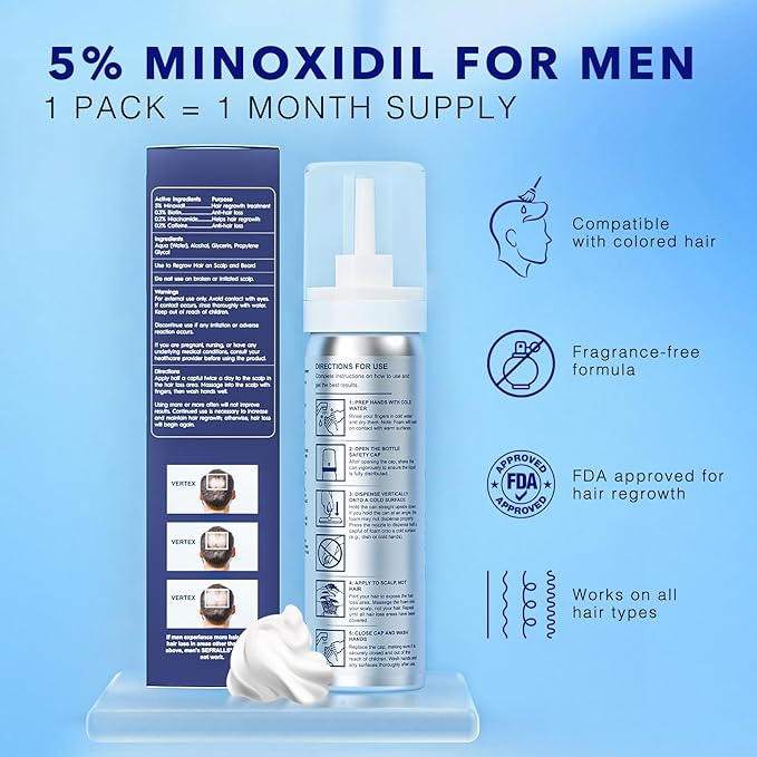 5% Minoxidil Foam for Hair Regrowth, Topical Hair Loss Treatment for Men to Regrow Fuller, Thicker Hair, Rosemary Minoxidil Topical Aerosol, 2-Month Supply, 2 x 2.11 oz