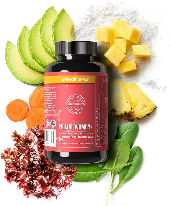 Primal Harvest Women+, Woman's Multivitamin Vitamin A, Vitamin C, Vitamin D and E, Vitamin B12, B6, Biotin, Zinc Supplements,1 Pack 60 Capsules