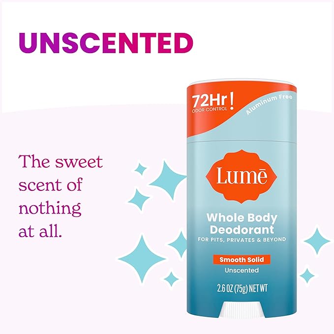 Lume Whole Body Deodorant - Smooth Solid Stick - 72 Hour Odor Control - Aluminum Free, Baking Soda Free and Skin Safe - 2.6 Ounce (Pack of 3) (Clean Tangerine, Lavender Sage, Unscented)