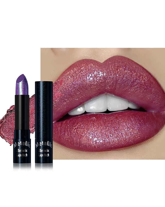 Glitter Metallic Shimmer Lipstick, Dark Plum Lipstick Long Lasting, Diamond High Pigmented Shiny Metallic Lip Stick, Non-sticky Sparkly Purple Lipsticks for Women Christmas Makeup-10 Dark Plum
