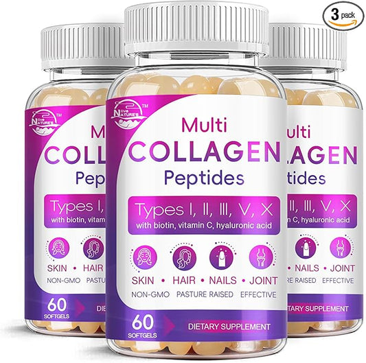 Multi Collagen Peptides Softgel - Type I, II, III, V, X - Hydrolyzed Collagen Peptides with Biotin, Vitamin C, Hyaluronic Acid, Supports Skin Hair Nail, Grass-Fed, Non-GMO, 60 Softgel, 3 Pack