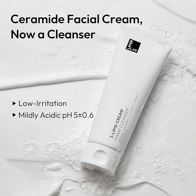LAYERLAB Korean Face Wash with 5 Ceramides | Hydrating Low pH Cream Foam Cleanser for Sensitive Skin | Helps Support Moisture Barrier, Non-Drying, For All Skin Types 100ml 5.07 fl oz (White)