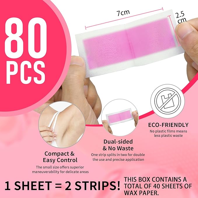 80PCS Wax Strips for Hair Removal, Waxing Kit for Women, Eyebrow Wax Strips & Facial Hair Removal, Sensitive Skin Friendly, Multi-Use on Face, Legs, Bikini Area, Long-Lasting Smoothness