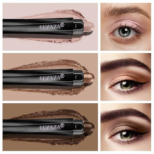 3Pcs Eyeshadow Stick Set, Matte And Shimmer Creamy Eyeshadow Pencil, Brown Gold Nude Shadow Stick Set, Waterproof Long Lasting Smoky Eye Makeup…