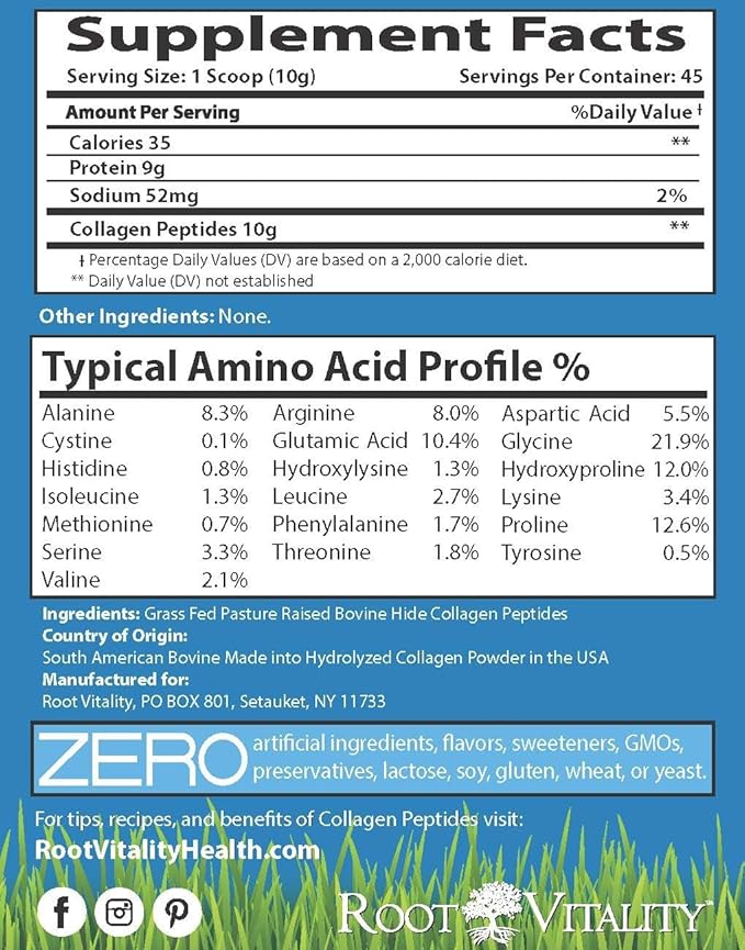 Collagen Peptides Powder - Grass-Fed, Pasture-Raised Hydrolyzed Protein Supplement for Skin, Hair, & Nails - Non-GMO, Zero Sugar Daily Supplement for Men & Women (22 Servings)