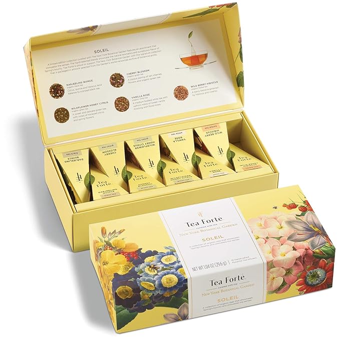 Tea Forte Soleil Petite Presentation Box Tea Gift Set Sampler, 10 Count, 2 of Each Variety Individually Wrapped Handcrafted Pyramid Infuser Bags