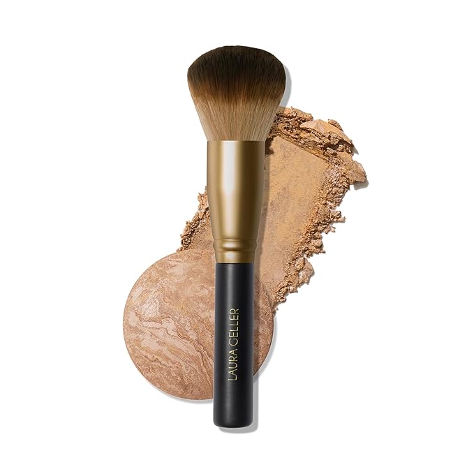 LAURA GELLER Full Face Powder Makeup Brush with Wooden Handle in Midnight Black – Foundation, Setting Powder, Blush, Bronzer, Highlighter and Luminizers – Sheer, Even Application and Blending Makeup