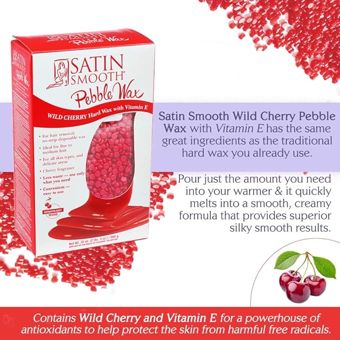 Satin Smooth Hard Wax Beads – Wild Cherry, Pebble Wax for Hair Removal on Sensitive Skin, Fine to Medium Hair, 35 oz