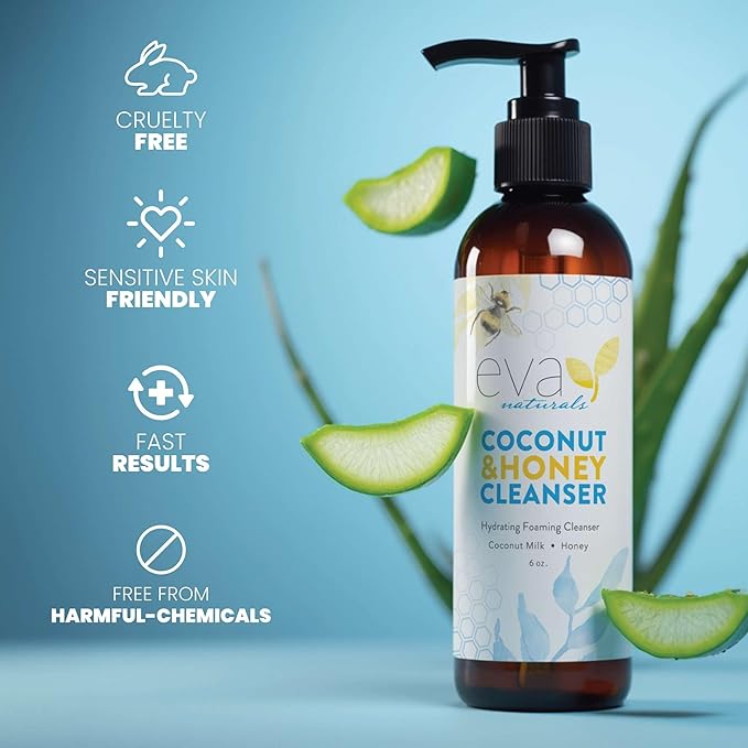 Eva Naturals Coconut & Honey Foaming Face Wash – Gentle Hydrating Facial Cleanser for Sensitive & Aging Skin – Removes Makeup, Dirt & Oil – Soothing Aloe & Royal Jelly – 6 Fl Oz