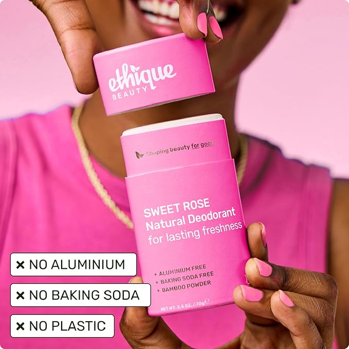 Ethique Beauty Sweet Rose Deodorant Stick for Men & Women - Aluminum-Free, Plastic-Free, Vegan, Cruelty-Free, Eco-Friendly, 2.5 oz