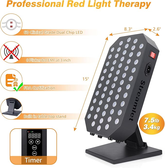 Red Light Therapy Panel for Face, Body, 660nm 850nm Near Infrared Light Device with Timer, 60 Dual Chip Clinical Grade LEDs for Skin Health, Recovery, Pain, Improve Sleep, Energy, Anti Aging