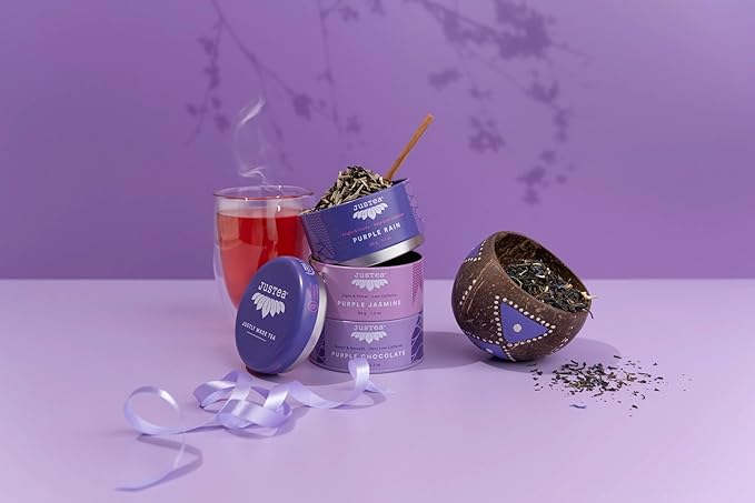 JusTea PURPLE TEA TRIO | 3 Flavour Tin Variety Pack with Hand Carved Tea Spoon| 45+ Cups of Loose Leaf Tea | Very Low Caffeine | Fair Trade | Non-GMO