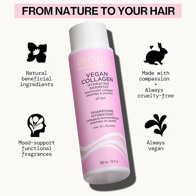 Pacifica Vegan Collagen Hydrating Hair Shampoo -w/Avocado Oil, Vitamin B5 - Adds Shine & Restores -for Dry & Damaged Hair - Sulfate Free Natural Clean Beauty Vegan & Cruelty-Free Dermatologist Tested