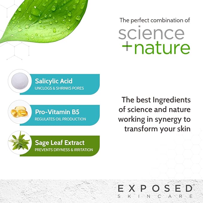 Exposed Skin Care, Acne Facial Cleanser with 0.5% Salicylic Acid for Sensitive and Acne-Prone Skin – Gentle Daily Face Wash for Breakout, Blackhead and Excess Oil – Natural, Non-toxic and Cruelty Free