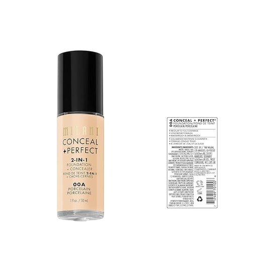 Milani Conceal + Perfect 2-in-1 Foundation + Concealer for a Flawless Complexion, Under Eye Corrector, Cover Redness and Imperfections, Waterproof and Sweatproof - Porcelain