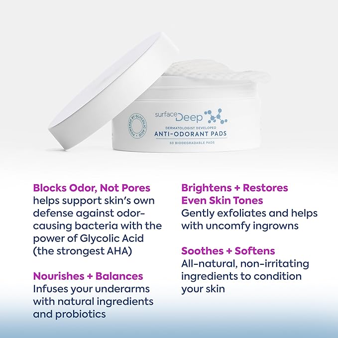 Surface Deep Anti-Odorant Pads – Deodorant Odor Prevention & Skin Care in One | 50 Pads in Jar | Dermatologist-Developed | Glycolic Acid Exfoliation | Aluminum-Free, Vegan & Cruelty-Free