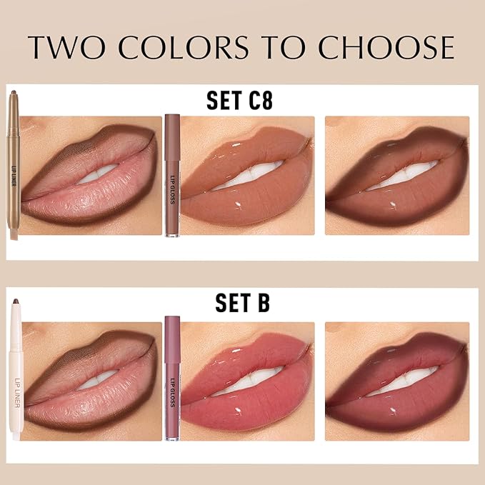 Brown Lip Liner and Gloss Kit, Matte Lip Liner Pencil with Silicone Brush for Lips Contour, Moisturizing Lightweight Non-Sticky Lip Gloss for Women High Shine Liquid Lipstick Makeup, Set C8