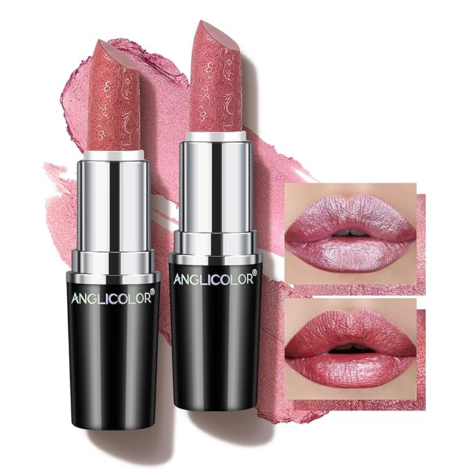 2pcs Glitter Pink Lipstick,High Impact Lipcolor,Lightweight Hydrating Formula Smooth and Non-Sticky,Metallic Lipstick For Women,Full-Coverage Lip Color