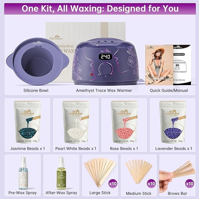 Lifestance Waxing Kit for Women & Men - L3 Amethyst Trace Digital Warmer, Silicone Wax Pot Liner, Hair Removal with 14.1oz Hard Wax Beads & Oil Spray, Professional for Home Brazilian Bikini Face Leg