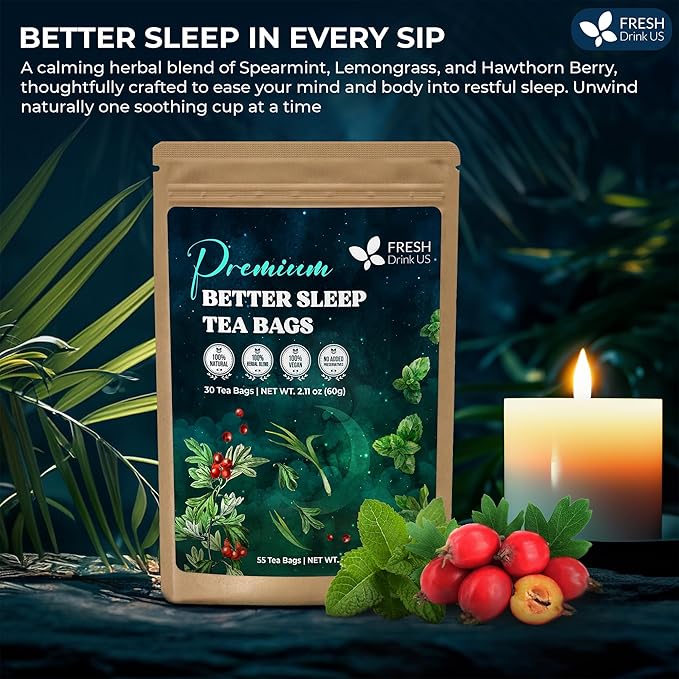 FreshDrinkUS, Premium 135 Tea Bags Better Sleep Herbal Tea | Caffeine-Free Loose Leaf Blend with Spearmint Leaves, Lemongrass Leaves, and Hawthorn Berry – Naturally Refreshing and Aromatic.