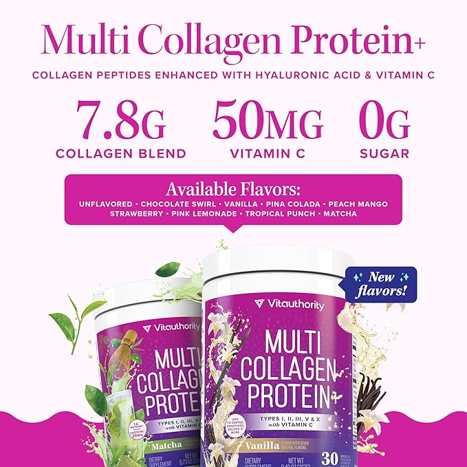 Multi Collagen Peptides Powder for Women - Hydrolyzed Collagen Powder for Women with Types I II III Plus Vitamin C & Hyaluronic Acid for Beautiful Hair Skin and Nails 30 Servings Vanilla Flavored