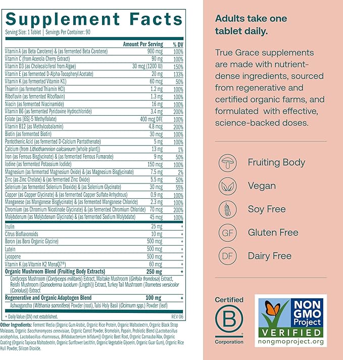 True Grace One Daily Women’s Multivitamin Fermented Minerals, Organic Adaptogens & Mushrooms Whole Body Balance, Immune, Energy, Beauty Support - Non-GMO, Gluten Free, Soy Free - 90 Vegan Tablets