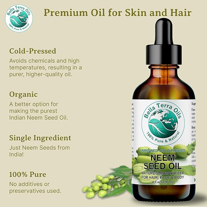 Bella Terra Oils - Organic Neem Seed Oil 16 oz - Authentic Cold-Pressed Process, Filled with Palmitic Acid & Omega-9 Fatty Acids, Ideal for Daily Skin Routine