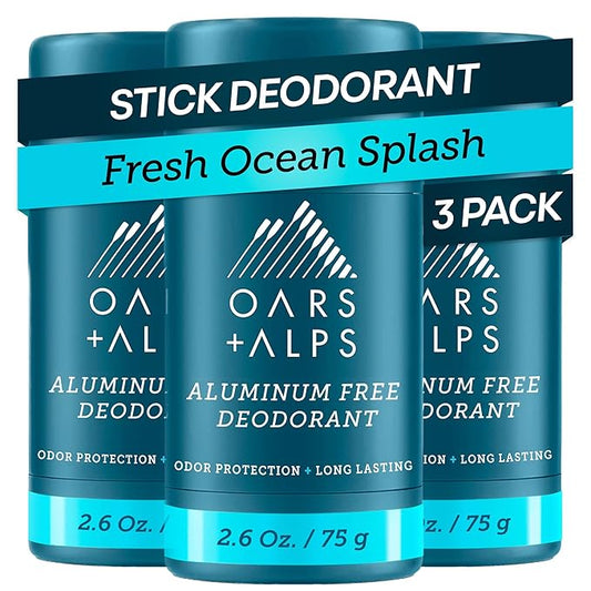 Oars + Alps Deodorant for Men & Women, Aluminum Free Deodorant for Men, Dermatologist Tested, Clean Ingredients, Non Toxic, Vegan, Long Lasting, Odor Protection, Fresh Ocean Splash, 3pk, 2.6oz