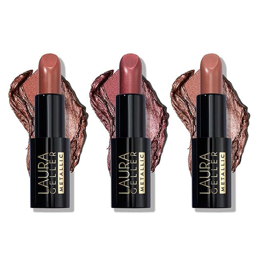 LAURA GELLER NEW YORK Modern Classic Metallic Lipstick Trio - Safari Blaze, Whimsical Wine, Nifty Netural - Metallic Finish
