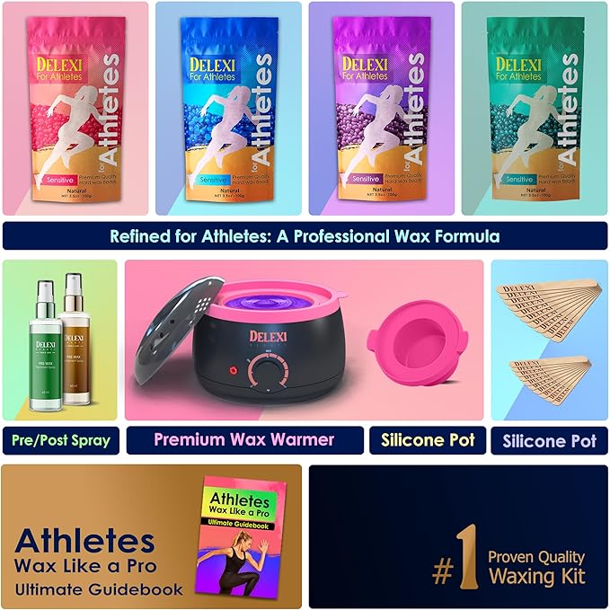 Waxing Kit for Athletes. Waxing kit for Women with Quick-Melting Wax Warmer + Salon Quality Wax for Hair Removal - Super Easy to Use for Men and Women - For Sensitive Skin