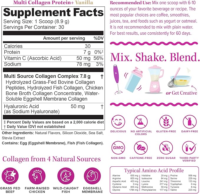 Multi Collagen Peptides Powder for Women - Hydrolyzed Collagen Powder for Women with Types I II III Plus Vitamin C & Hyaluronic Acid for Beautiful Hair Skin and Nails 30 Servings Vanilla Flavored
