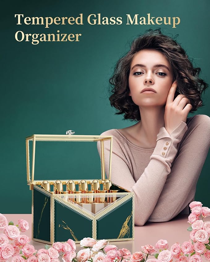 Glass Lipstick Organizer, 18-Slot Green Vanity Makeup Holder for Lipsticks & Nail Polish, Removable Dividers, Vintage Cosmetic Storage Display Box