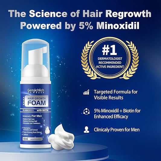 5% Minoxidil Foam for Men Hair Growth - Hair Regrowth Serum Treatment with Biotin, Caffeine, Rosemary Extract - Hair Loss Solution for Helps Prevent Thinning, Thickening Fuller Hair, Non-Greasy - 60ml