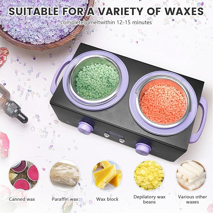 Professional Waxing Kit Wax Warmer Double Pot Wax Heater Machine for Hair Removal, Large Waxing Pot for Spa Salon Beauty Esthetician Home, with Non-Stick Easy Clean Pot, 50 Sticks & 20 Collar, Black