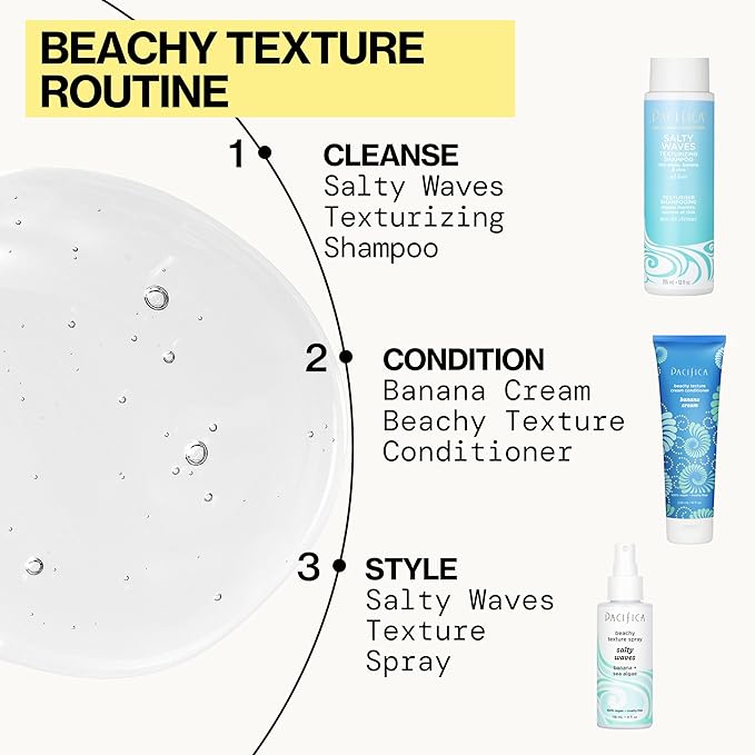 Pacifica Salty Waves Texturizing Shampoo - Beachy Textured, Messy Look, Hair Styles - Moisturizing Hair Care w/ Vitamin B & E - Banana Scent Clean Beauty Vegan & Cruelty-Free Dermatologist Tested