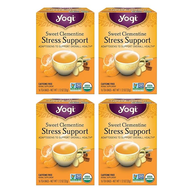 Yogi Tea Sweet Clementine Stress Support - 16 Bags per Pack (4 Packs) - Stress Support Herbal Tea - Calming Adaptogen Tea - Includes Ashwagandha Root, Lemongrass, Cinnamon Bark & More