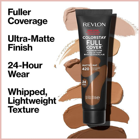 Revlon ColorStay Full Cover Longwear Matte Foundation, Heat & Sweat Resistant Lightweight Face Makeup, Ivory (110), 1.0 oz