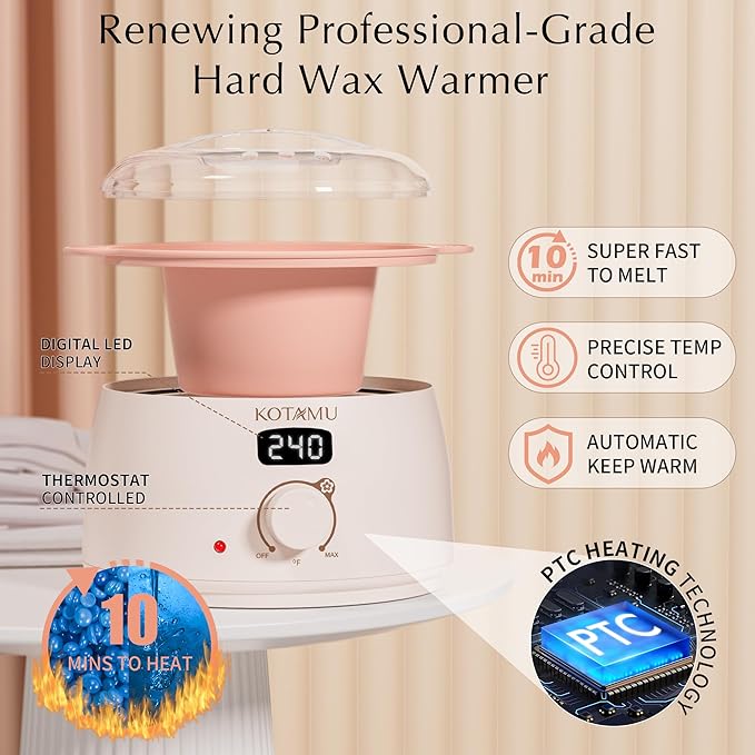 KOTAMU Waxing Kit for Women & Men, Wax Warmer for Hair Removal, Digital Wax Kit with Silicone Pot，Ideal for Face Eyebrow Arm Legs Armpit &Sensitive Skin, Pink Waxing Machine for Home Salon Use